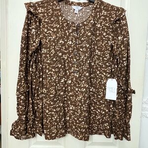 Time and Tru Women's Brown and Cream Blouse